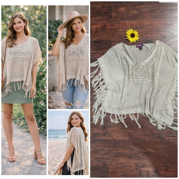 Say What? Sweaters - Boho Knit Crochet Poncho Fringe Sweater XL